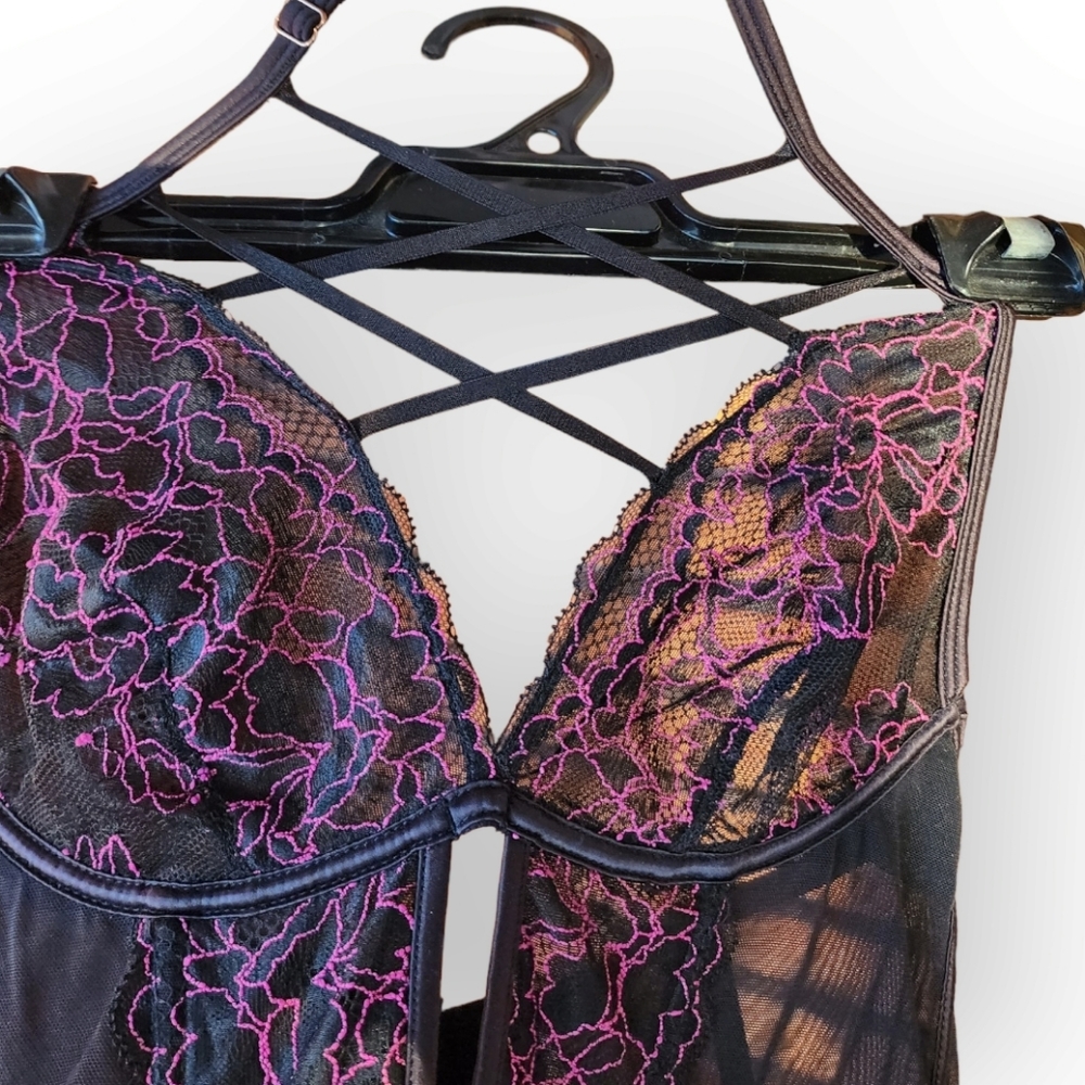 BRAS N THINGS corset bustier garter belt black mesh purple lace size 10 - Picture 14 of 14